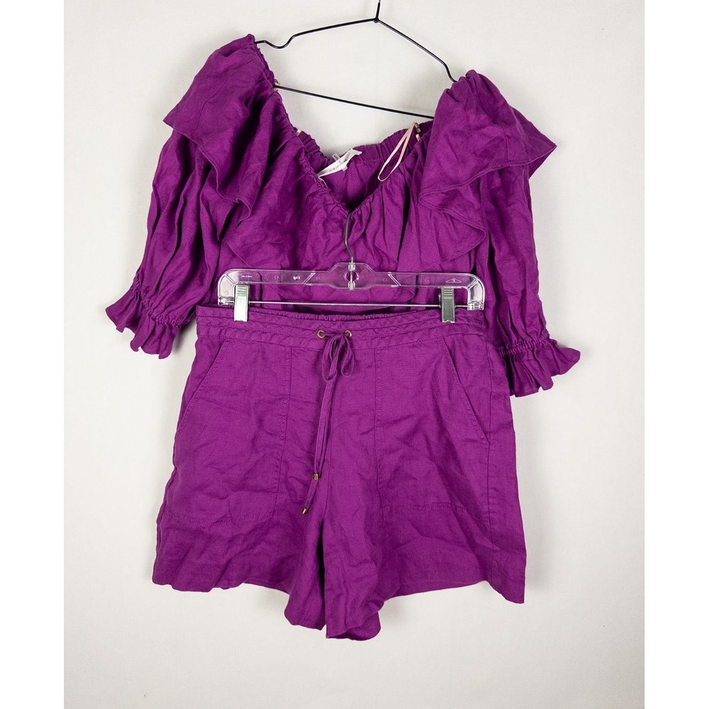 Trina Turk Out of Office Linen Set M Purple Ruffle Top Soothe Shorts NWT